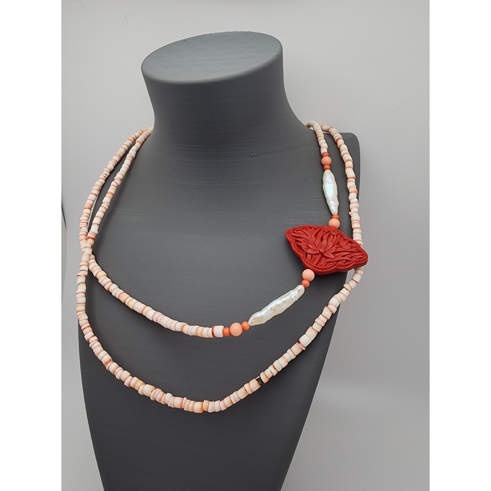 Angel Skin Coral Heishi Beaded Necklace Baroque Pearls Cinnabar Floral Pendant